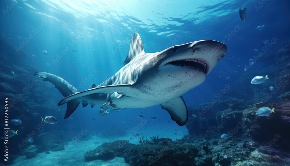 Naklejka premium Great White Shark in the ocean, portrait of White shark hunting prey in the underwater