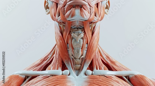 3D realistic illustration of the neck muscular system on a white background. Human muscles, medical illustration. © Absent Satu