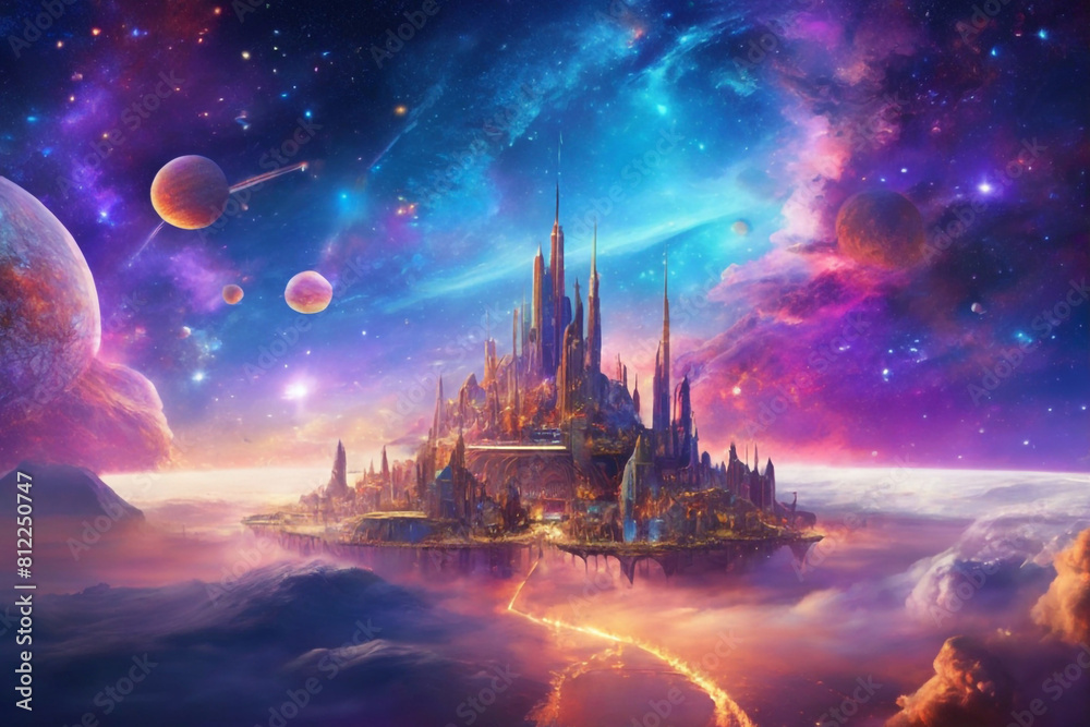 A fantasy-inspired scene of a celestial city floating in space, surrounded by colorful nebulae and distant stars. A fantasy-inspired scene of a celestial city floating in space, surrounded by colorful nebulae and distant stars.