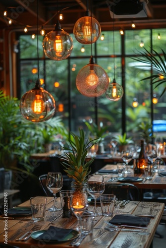 A restaurant with a table set for dinner and some hanging lights, AI © starush