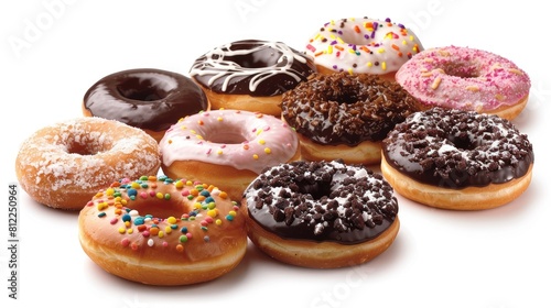 A mouthwatering array of donuts showcased against a pristine white backdrop