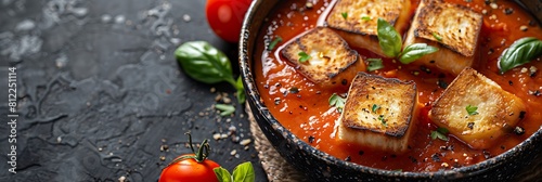 Grilled cheese and tomato soup shooters, top view horizontal food banner with copy space