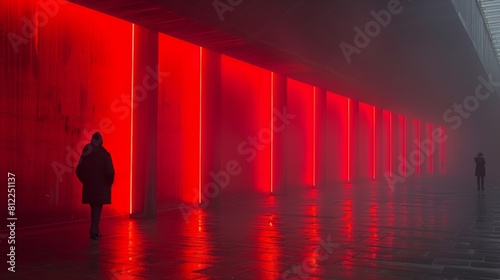A person walking down a hallway with red lights on the wall  AI