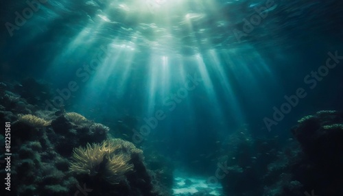 realistic photo of the underwater world with the rays of the sun passing through the water