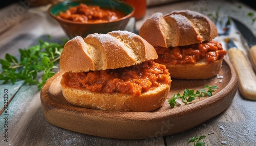 chilean and argentinian food traditional choripan with spicy pebre chorizo sandwich with chorizo sausages and bread photo