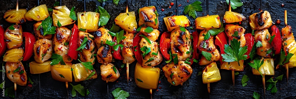 Hawaiian chicken skewers with pineapple and bell peppers, top view horizontal food banner with copy space