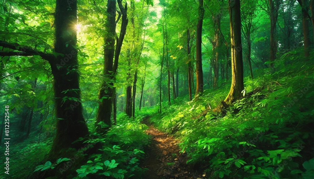nature green background beautiful spring deciduous forest with trees and leaves relaxation and rest for the soul concept for ecology and nature