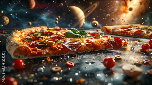 Pizza Space Design / Pizza im All Poster / Pizza Action Wallpaper / Pizza Hintergrundbild / Ai-Ki generiert