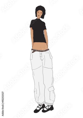 Woman with short hair in loose pants and crop top. Solid line illustration.