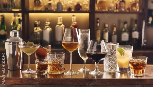 assortment of hard strong alcoholic drinks and spirits in glasses on bar counter