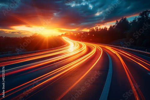 Majestic image of a highway bending into the distance with light trails captured during a beautiful sunset
