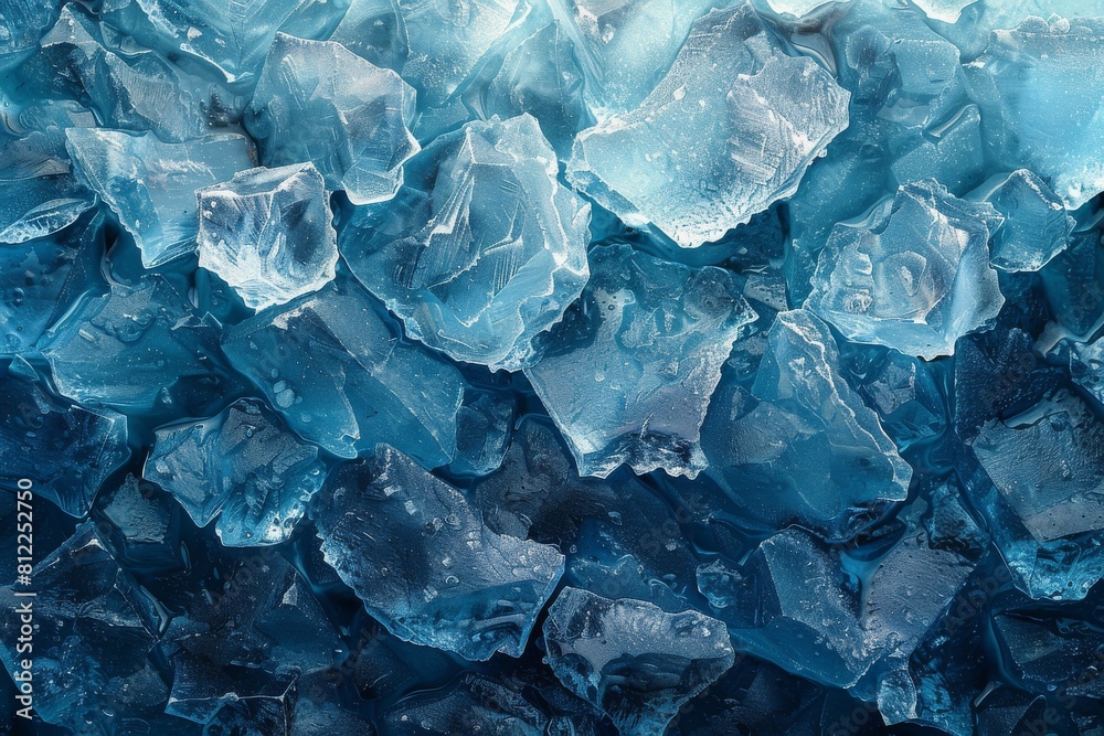 Image focuses on the textured surface of blue ice chunks against a dark contrasting background, highlighting their translucency and detail Image focuses on the textured surface of blue ice chunks against a dark contrasting background, highlighting their translucency and detail