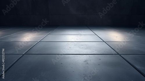 An empty room with a reflective concrete floor, illuminated by ambient lighting