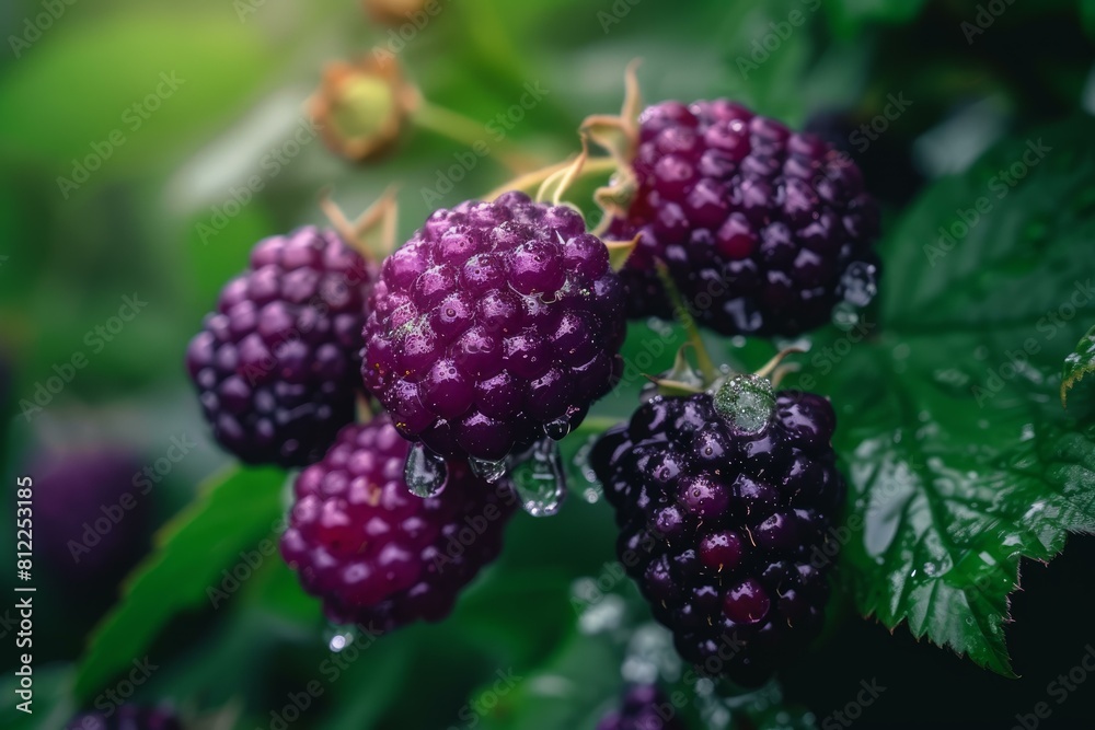 Close-up of ripe blackberries with fresh dew drops in a lush garden