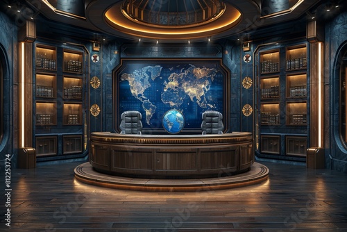 An opulent library setting with bookshelves, a shining world map and a globe centerpiece
