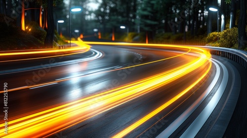 A car lights are streaking down a road at night  AI