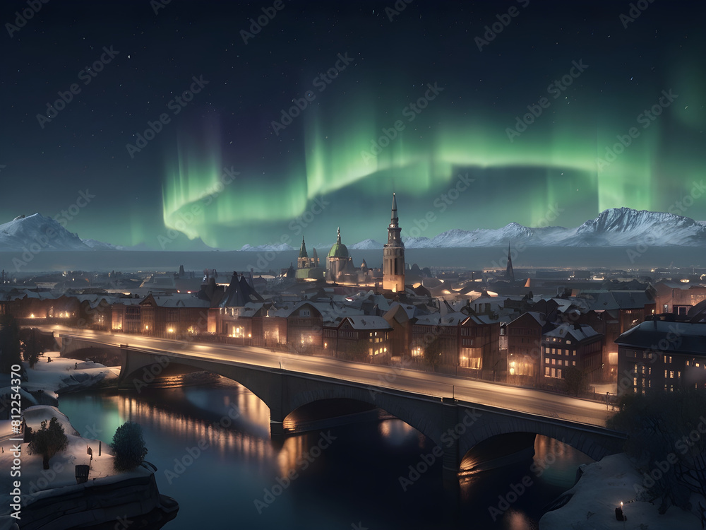 Naklejka premium northern lights over the city