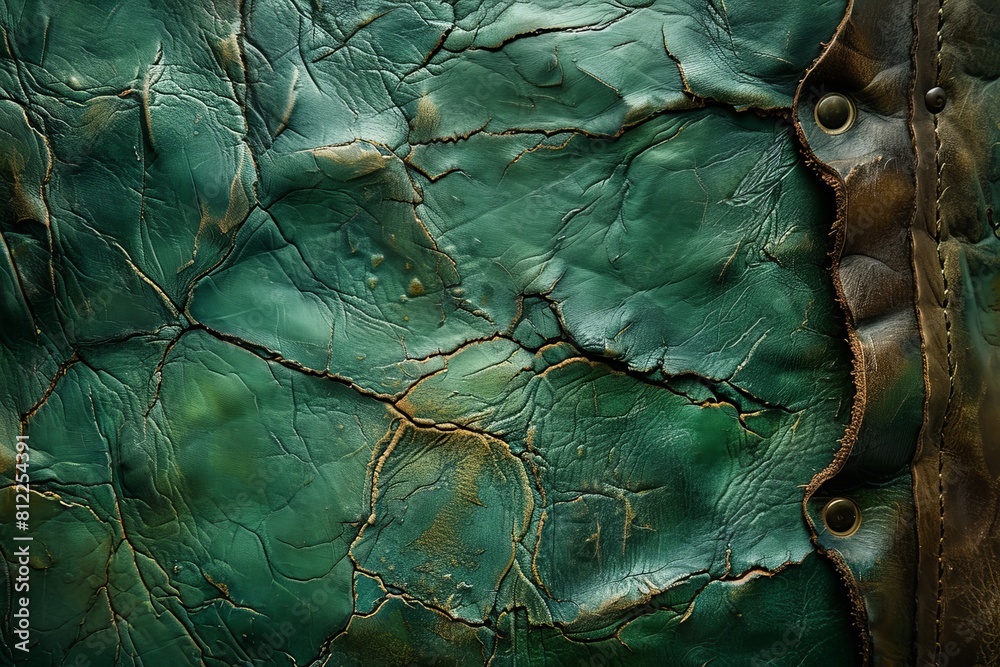 A vintage-inspired green leather surface with a distinctive crackled effect and worn-out edges