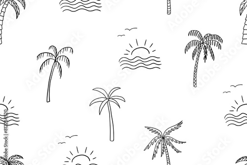 Cute seamless pattern of different palm trees and suns in doodle style. Summer time. Travel design. Adventure. Paradise. Hand drawn. Great for prints, poster, banner and professional design
