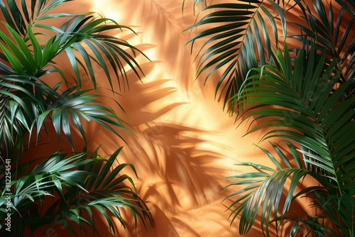 Playful light casts an intricate shadow of tropical plants on an orange textured backdrop  full of warmth