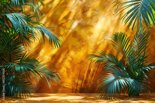 Lush green tropical plants set against a vibrant textured golden backdrop, evoking warmth and exoticism
