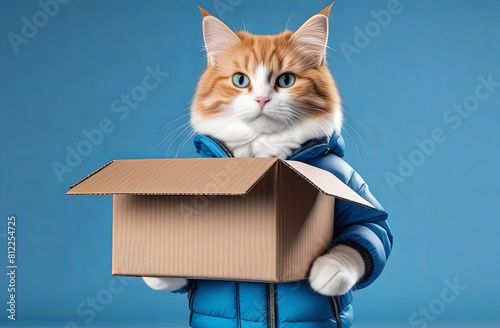 a cat in a blue jacket holds a box in his paws