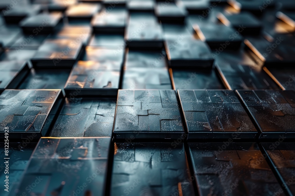 Close-up view of shiny water droplets on textured dark square tiles with a vivid reflection of light Close-up view of shiny water droplets on textured dark square tiles with a vivid reflection of light