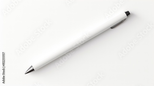 A white pen with a black tip sits on a white background
