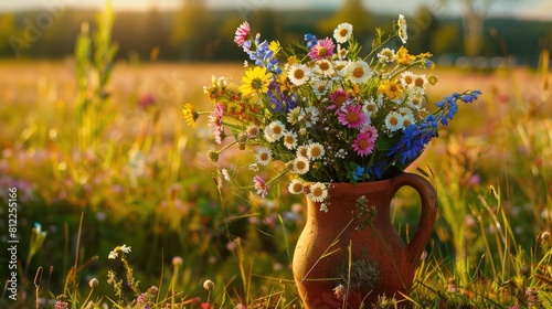 A vibrant bouquet of meadow flowers rests beautifully in a rustic clay mug set against the backdrop of a lush meadow on a sun drenched day This enchanting Summer solstice arrangement captur photo