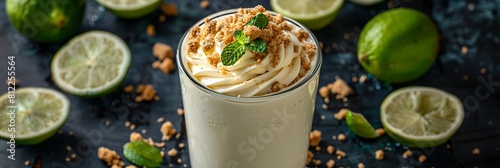 Key lime pie milkshake with graham cracker crumbs, fresh food banner, top view with copy space photo