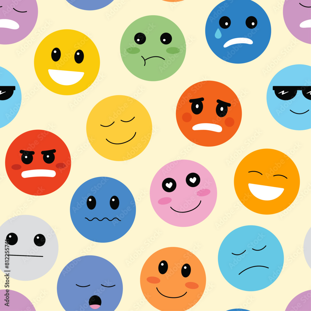 Emoticon seamless vector pattern. Various moods and emotions character faces. Repeat background design. Emoticon seamless vector pattern. Various moods and emotions character faces. Repeat background design.