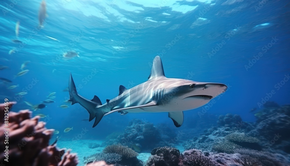 Great White Shark in the ocean, portrait of White shark hunting prey in the underwater Great White Shark in the ocean, portrait of White shark hunting prey in the underwater