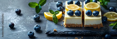 Lemon blueberry cheesecake bars with graham cracker crust, fresh food banner, top view with copy space photo