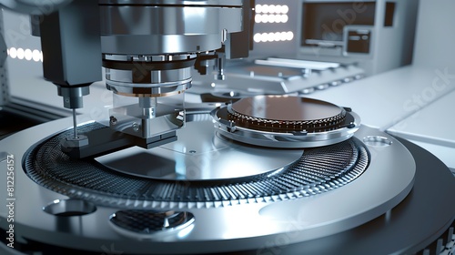 Illustrate the loading of wafers into an ion implantation machine using automated systems The focus is on the precision and automation of the loading mechanism photo