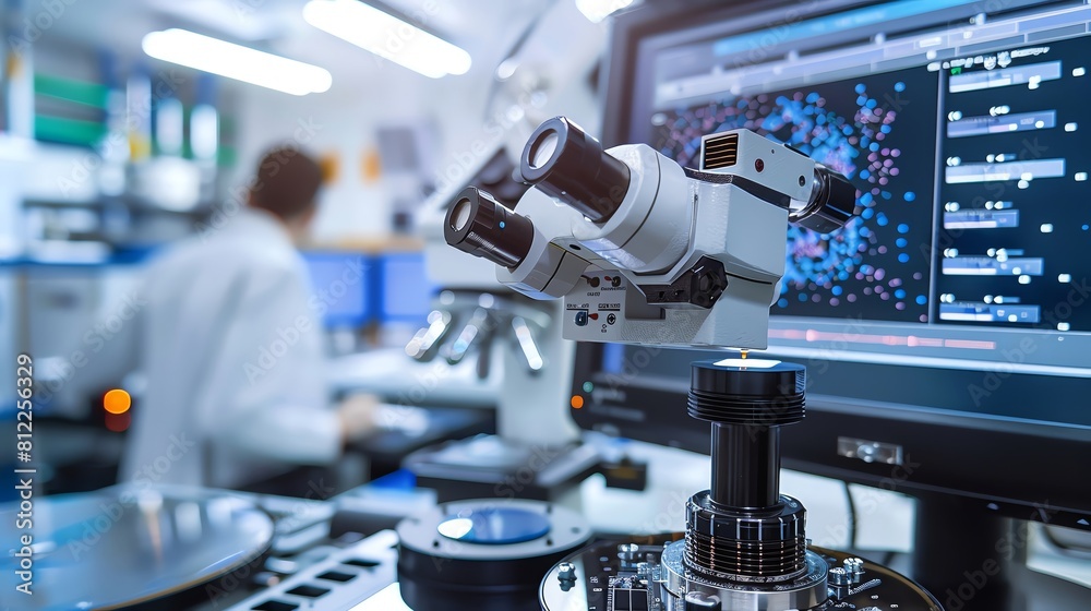Capture a wafer inspection system analyzing a silicon wafer under high magnification The focus is on the detailed imagery displayed on a monitor Capture a wafer inspection system analyzing a silicon wafer under high magnification The focus is on the detailed imagery displayed on a monitor