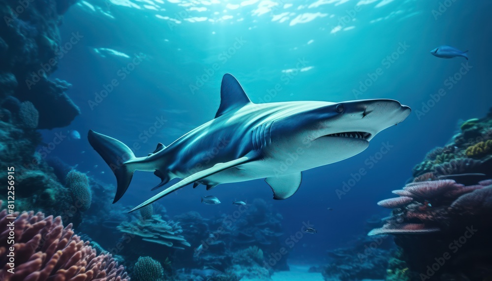 Fototapeta premium Great White Shark in the ocean, portrait of White shark hunting prey in the underwater