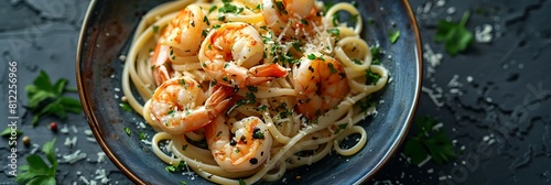 Lemon garlic butter shrimp pasta with parmesan, top view horizontal food banner with copy space