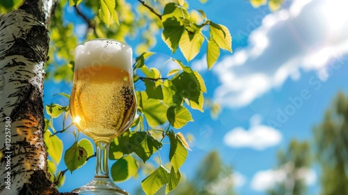 A refreshing glass of frothy beer gleams in the sunlight accompanied by a backdrop of clear blue skies and a lush birch branch adorned with vibrant green leaves This picturesque scene sets  photo