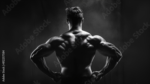 A muscular man stands with his back to the camera, flexing his muscles under moody, contrasting lighting that accentuates his toned physique - Generative AI