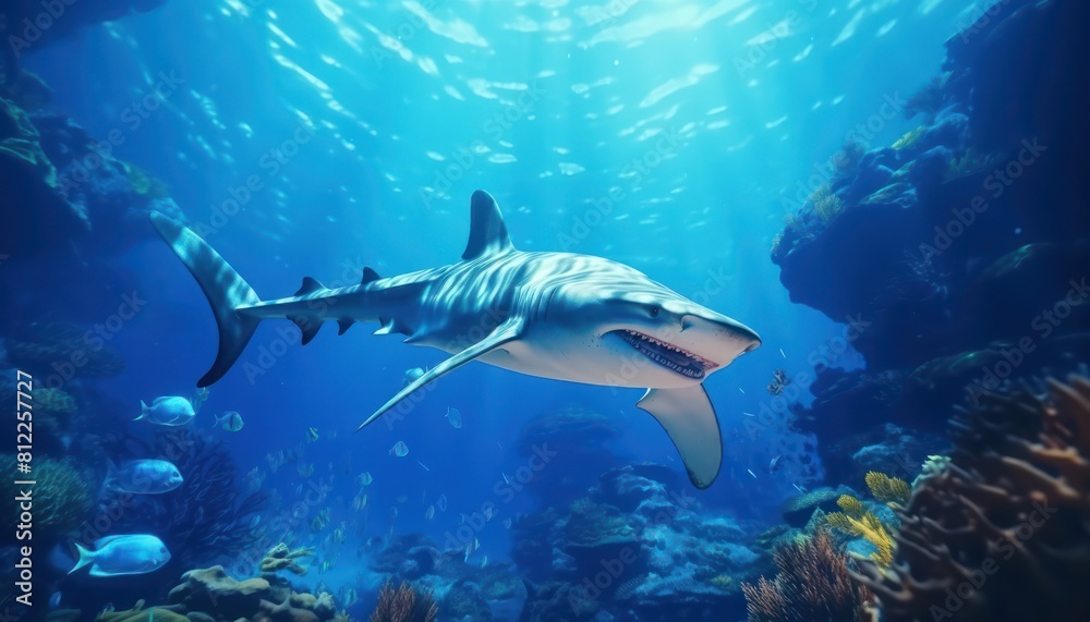 Great White Shark in the ocean, portrait of White shark hunting prey in the underwater Great White Shark in the ocean, portrait of White shark hunting prey in the underwater
