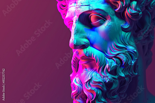 close up view of ancient classic roman greek male sculpture staute head in vibrant colors gradient shades of pink purple