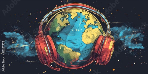 Fototapeta Naklejka Na Ścianę i Meble -  Earth T-Shirt With Headphones. Generative AI