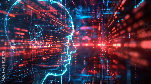digital illuminated outline of human head surrounded by intricate data streams circuits with advanced technology artificial intelligence background