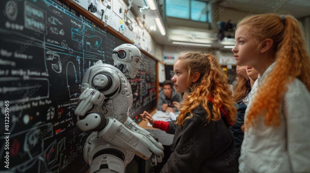 Obraz premium A robot teacher interacts with students in a school classroom