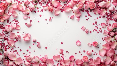 Capture the beauty of a floral arrangement featuring a frame crafted from delicate rose petals scattered confetti atop a pristine white backdrop creating a charming Valentine s Day setting  © AkuAku