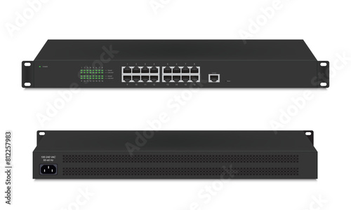 Professional network industrial gigabit switch isolated on white background with RJ45 Modular plugs for solid Cat5, Cat5e, CAT6 Ethernet Cable connecters.  Vector illustration.