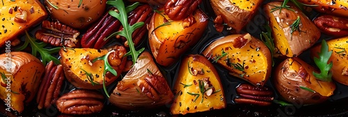 Maple glazed roasted sweet potatoes with pecans, top view horizontal food banner with copy space