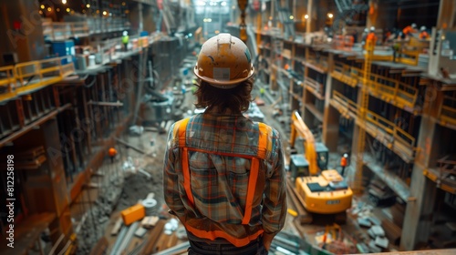 Female construction foreman overseeing a large urban construction site
