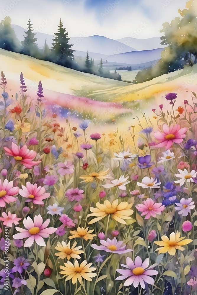Obraz premium A watercolor painting of a wildflower meadow overflowing with colorful blooms in shades of pink, purple, and yellow