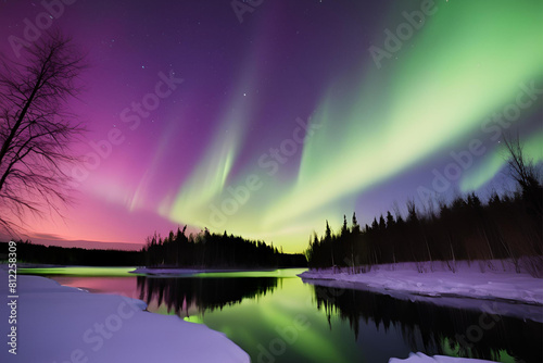 Northern lights reflected on the surface of a calm lake or river  doubling the beauty of the aurora display